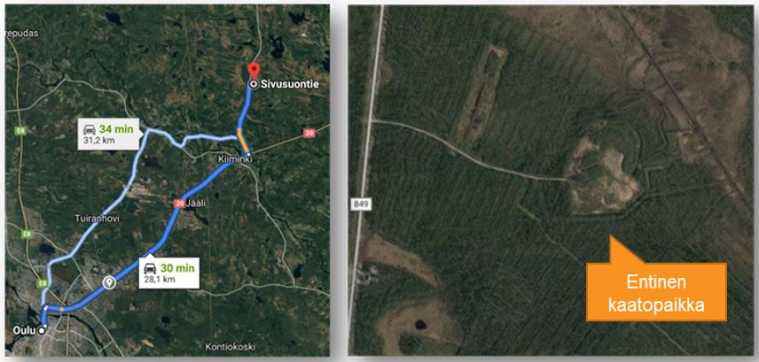Kuvassa Google-kartta, jossa näkyy ajoreitti Oulusta Välimaan kiertotalousalueelle.