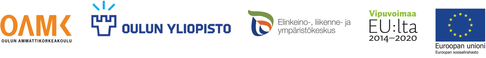 Oulun ammattikorkeakoulun, Oulun yliopiston, ELY-keskuksen, Vipuvoimaa EU:lta 2014–2020 ja Euroopan unionin sosiaalirahaston logot.