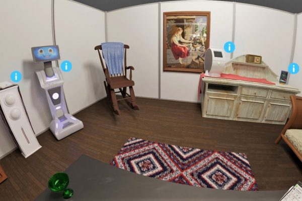 3D-mallinnuskuva ikääntyvien kotona asumista tukevasta opetustilasta. Kuvassa sänky, lipasto, keinutuoli, televisio, pöytä ja pöytä.